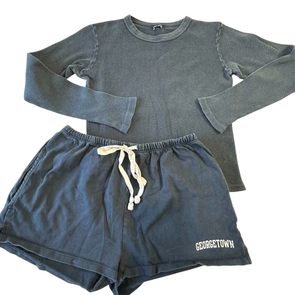Brandy Melville Bundle of 2, Fitted‎ Waffle Knit Thermal Top & Georgetown Short